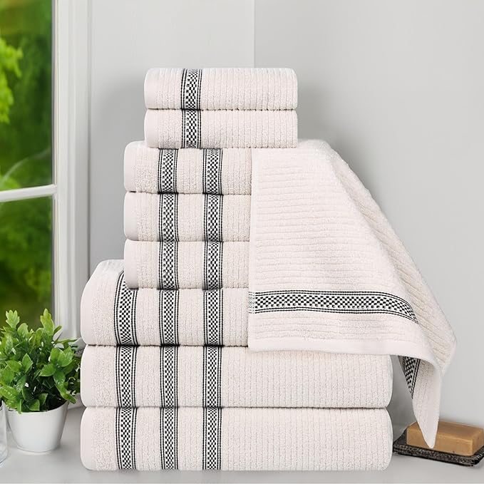 Superior Cotton 9-Piece Towel Set, Zero Twist, Ribbed Geometric, Bathroom Essentials, Shower, Spa, Luxury Plush Soft Absorbent Towels, Includes 3 Bath, 3 Hand, 3 Washcloth/Face Towels, Stone