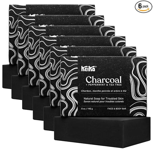 Keika Charcoal Black Soap Bar for Eczema, Psoriasis, Face, Body, Men Women Teens with Oily Skin, 5 oz. (Charcoal, 6-Pack)