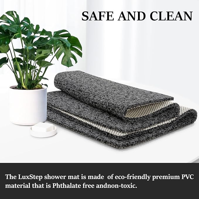 LuxStep Shower Mat Bathtub Mat,40x16 inch, Non-Slip Bath Mat with Drain, Quick Drying PVC Loofah Bathmat for Tub,Shower,Bathroom,Black