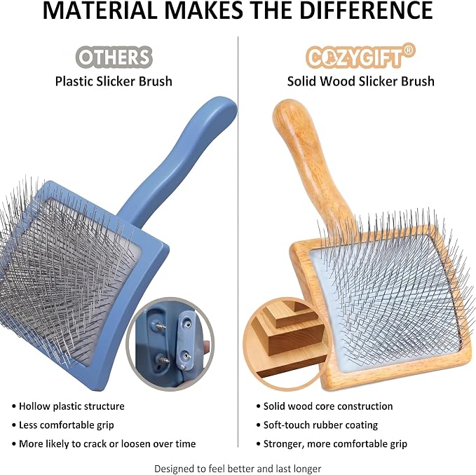 Wooden Long Pin Slicker Brush for Dogs, Doodles, Poodles, Long Hair | Grooming, Detangling, and Fluffing for Wavy and Curly Hair—Designed for Heavy, Thick Coats to Prevent Matting at Home