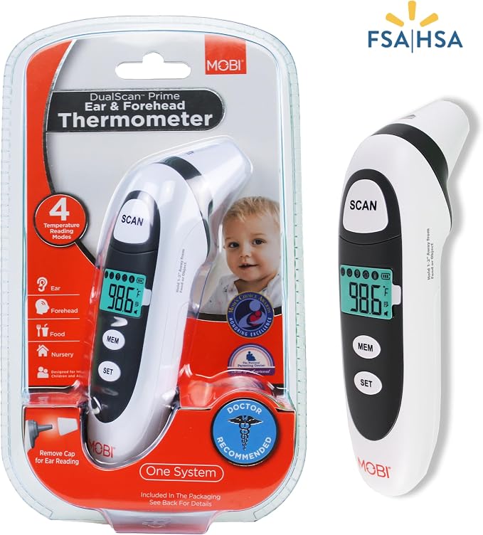MOBI DualScan Prime Ear & Forehead Thermometer for Baby, Kids & Adults, Digital Infrared, Food & Bottle & Room Mode, 1‑Second Reading, Memory Recall