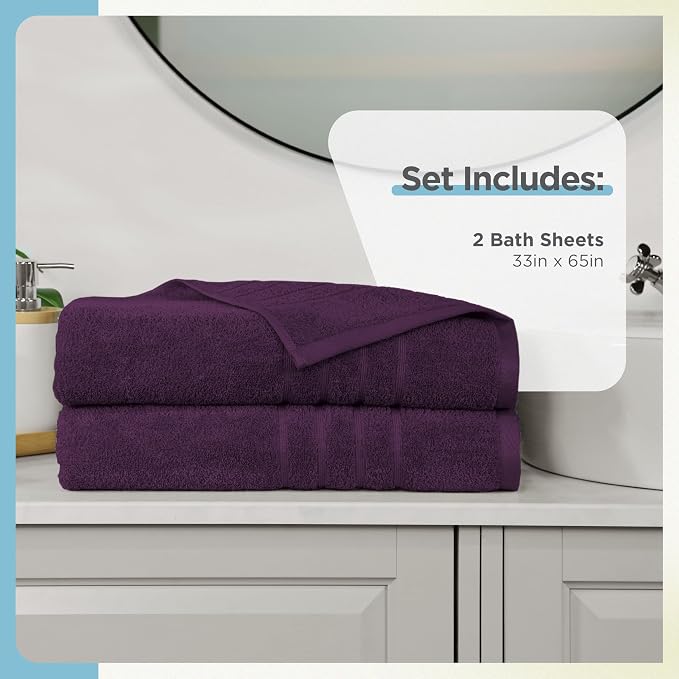Martex 2-Pack Ultimate Performance Bath Sheet Set, Dark Purple, 33" x 65" | 100% Cotton, Extra Large Bath Towels, Super Absorbent, Low-Linting, Supersoft
