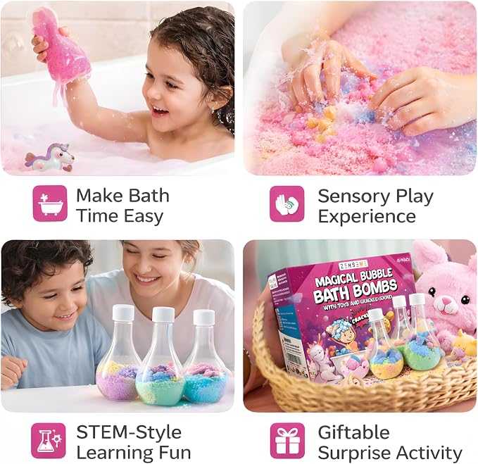 Kids Bath Bombs Powder with Mini Unicorn Inside – Bubble Bath for Kids – Bathtime Experiment Kit Mix - Blast of Foam & Colour Surprise – Gift Set of 4
