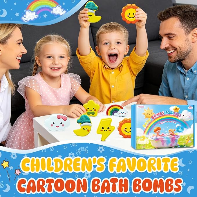 Bath Bombs for Kids, STEM 6 Pack Handcrafted Natural Organic Bubble Bath Bomb Toys, Sun Star Moon Cloud Rainbow Lightning Shaped, Perfect Daily Gifts & Reward Toys for Boys Girls