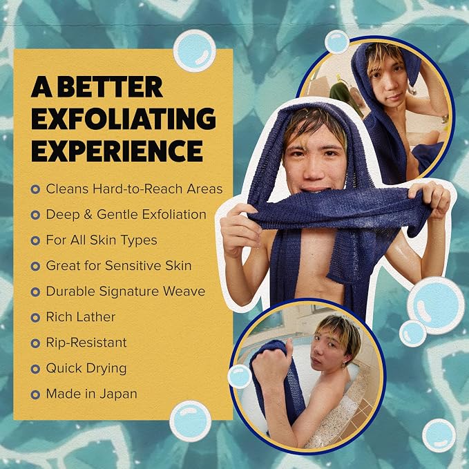 GOSHI Exfoliating Shower Towel - Long Body Scrubber for Back Acne, KP & Smooth Skin - Durable Rip-Resistant Weave, Quick-Dry Nylon Washcloth - Ethically Crafted in Gunma, Japan - Blue