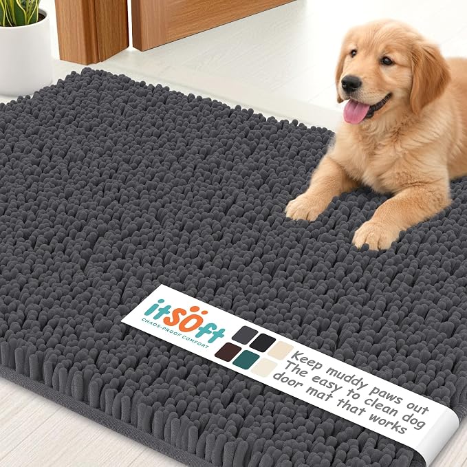 Dog Rugs for Muddy Paws 25x18 | Cleaner Mud Free Floors | Muddy Dogs Mats for Indoor, Dog Mat for Muddy Paws Door Mat Washable, Absorbent Chenille Mud Rug Paw Matt w/ Non Slip Backing, Charcoal Grey