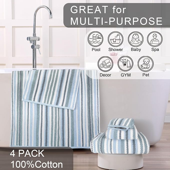 100% Cotton Blue Striped Hand Towels Set of 4, 16x27 Inches, Quick Dry & Highly Absorbent Soft Lightweight Towels for Bathroom, Shower, Guest Room, Luxury Blue & Gray Stripe Towel Gift Set
