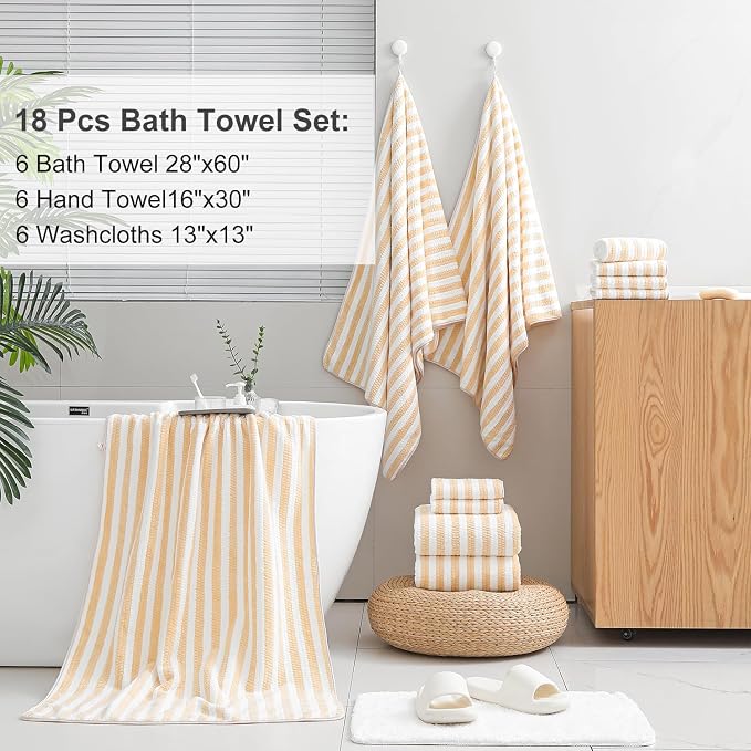 Smuge 18 Pcs Bath Towel Set, Include 6 Bath Towel Sheets, 6 Hand Towels and 6 Washcloths - Highly Absorbent Quick Dry Microfiber,Ultra Soft Bathroom Towel Set with Hanging Loop - Apricot Yellow