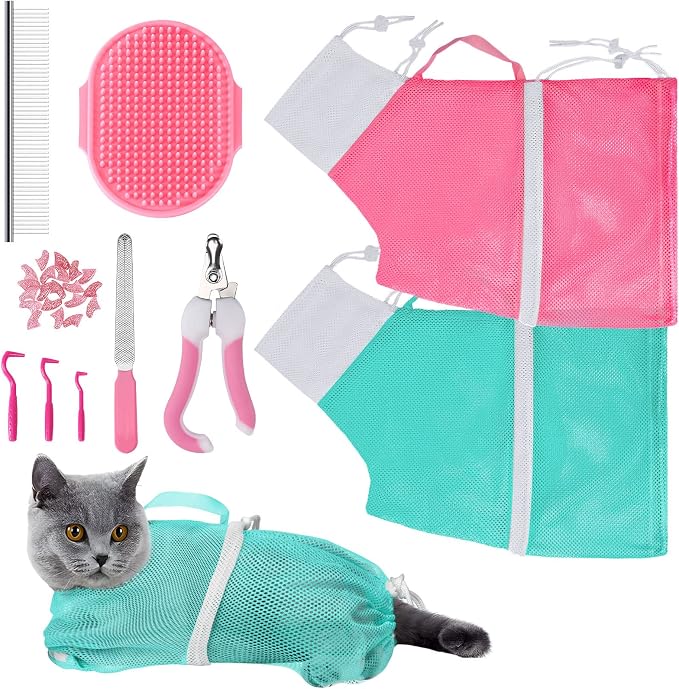 JULMELON 10 PCS Cat Washing Bag for Bath Shower Adjustable Net Grooming Set | Pet Brush Nail Clipper File, Hair Combs Tick Tool, Nail Caps, Bathing Trimming Examination, Pink and Green