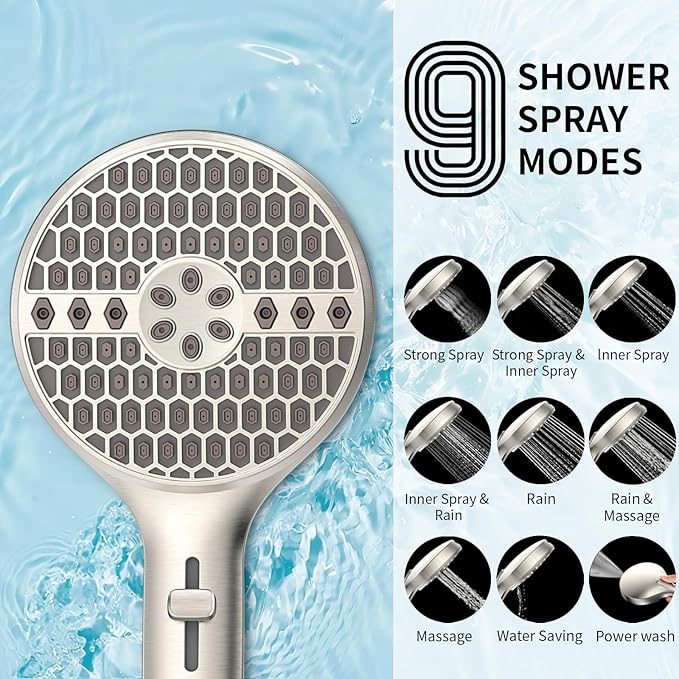 Brushed Nickel Handheld Shower Head, High Pressure 9-Spray Modes Handheld Showerhead, 71 Inch Kink-free Hose, Power Wash for Low Pressure Homes, Pet Tub Tile Cleaning