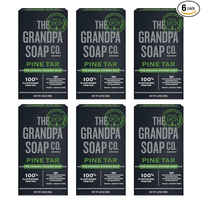 The Grandpa Soap Company Pine Tar Bar Soap for Men- Made With Pine Tar Oil, 3 in 1 Cleanser Deodorizer and Moisturizer, Dermatologist Tested, Safe for Sensitive Skin, 3.25 Oz, 6 Pack