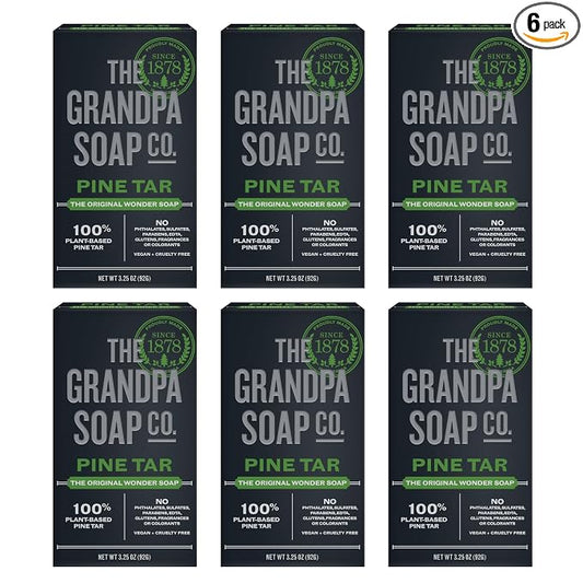 The Grandpa Soap Company Pine Tar Bar Soap for Men- Made With Pine Tar Oil, 3 in 1 Cleanser Deodorizer and Moisturizer, Dermatologist Tested, Safe for Sensitive Skin, 3.25 Oz, 6 Pack