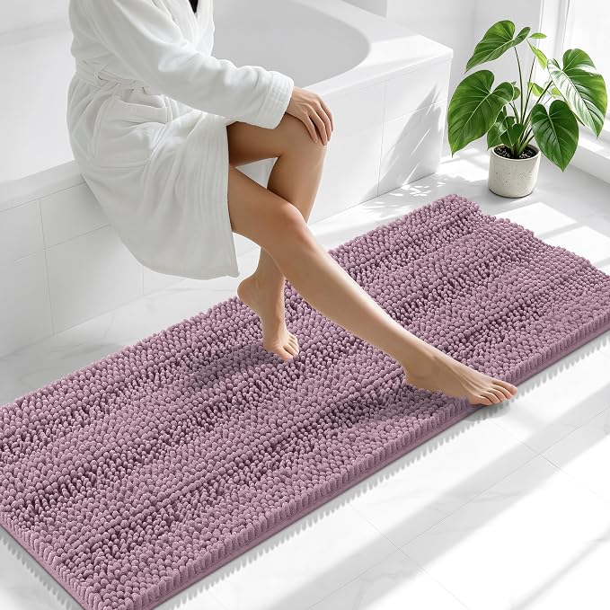 Smiry Thick Chenille Bathroom Runner Rugs 59x20, Absorbent Striped Bath Mat, Machine Washable, Rubber Backing, Extra Long Bath Rugs for Tub & Shower, Modern Home Decor Accessories, Deep Plum