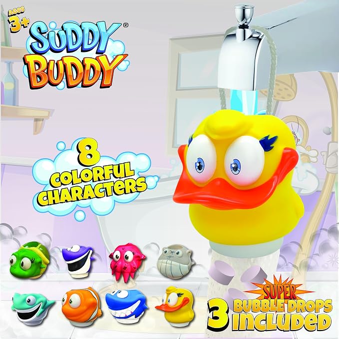 Suddy Buddy® Bubble Maker for Bathtub | Fun Kid Bubble Bath Toys | Safe Bath Bubbler for Boys & Girls Ages 3+ | Includes 1 Foam Dispenser, 1 Trading Card & 3 Super-Bubble Drops | Calvin Clownfish