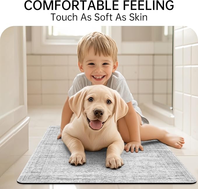 Mecko Bath Mat, Ultra Absorbent Quick Dry Bathroom Floor Mats-Rubber Non-Slip Thin Bathroom Rug Fit Under Door, Faux Suede Surface Shower Rug for Bathtub, Sink, Shower Room(Grey/Cream,16"x24")