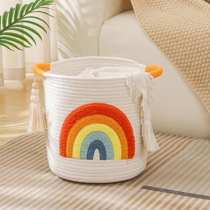 Toy Storage Baskets Woven Cotton Rope Storage Basket Kids Blanket Baskets for Living Room, Toys Organizer with Embroidery Colorful Rainbow Decor, Baby Basket for Laundry Nursery (Boho Rainbow)