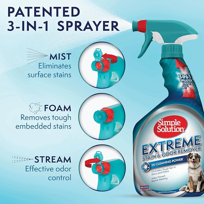 Simple Solution Extreme Pet Stain and Odor Eliminator Spray, Pee Stain Remover, Enzyme Cleaner, 3X Pro-Bacteria Cleaning Power, Dog Odor Remover, 32 oz