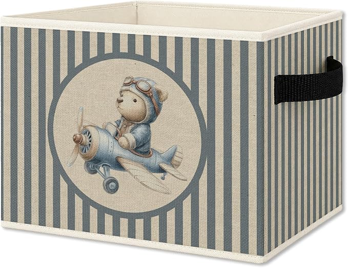 Bear Airplane Nursery Foldable Storage Bins Box with Handles, Blue Striped Aviator Bear Collapsible Organizer Basket for Kids Toddler Boy Bedroom Bathroom Playroom Clothes Books
