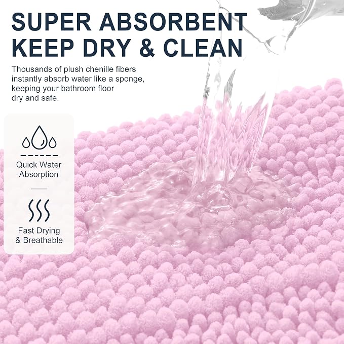 Smiry Thick Chenille Bathroom Runner Rugs 44x24, Extra Absorbent Striped Bath Mat, Machine Washable, Rubber Backing, Long Bath Rugs for Bathroom, Tub & Shower, Home Decor Accessories, Pink