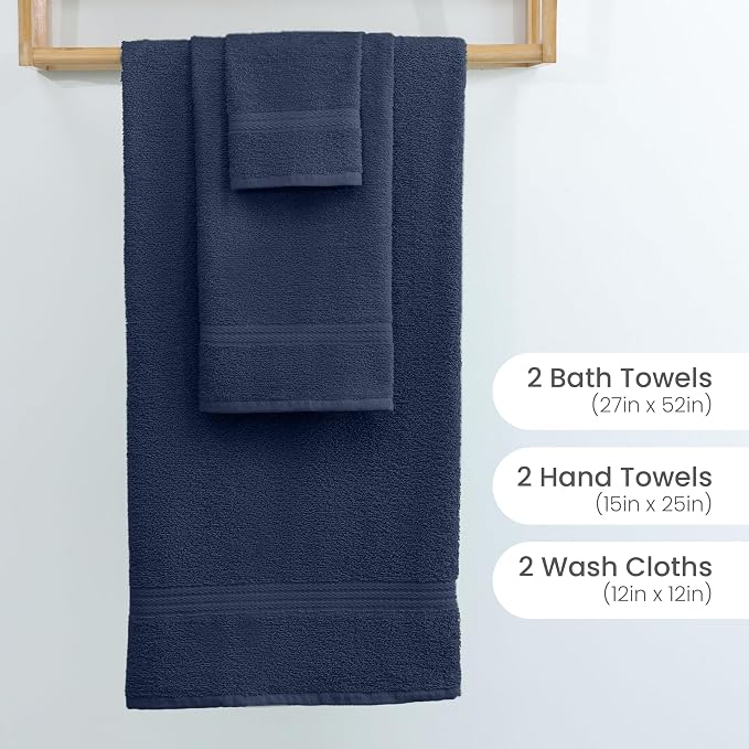 Martex Easy Living Everyday 6-Piece Bathroom Towel Set, Navy | 2 Bath Towels, 2 Hand Towels, 2 Wash Cloths, 100% Cotton, Soft, Quick-Dry