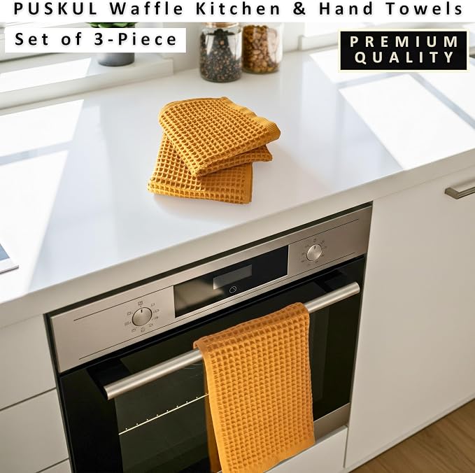 PÜSKÜL Natural 100% Turkish Cotton Waffle Kitchen Towels Set of 3 | Oeko-Tex, Premium Waffle Hand Towels for Bathroom | Soft Absorbent Quick-Dry Lint-Free Dish Towel Large 32x16 in (3, Mustrad Yellow)