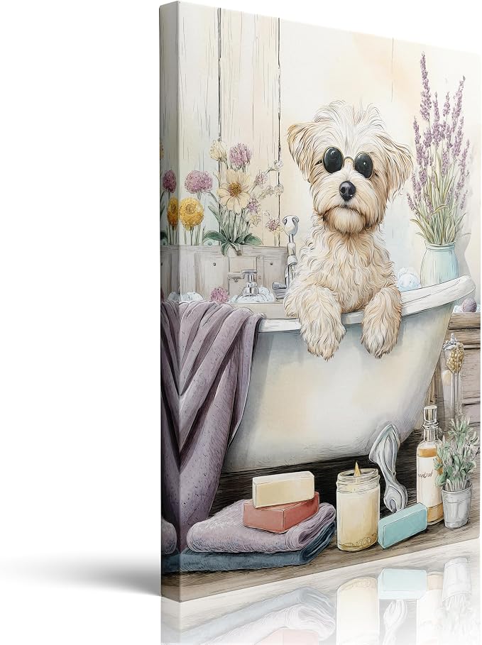 Framed Cute Dog Bathroom Wall Art Canvas Spa Bath Decor Gifts 12x16 Inches | Cute dog bathroom canvas with bath tub sunglasses lavender towels ready to hang for spa bathroom powder room pet lover decor
