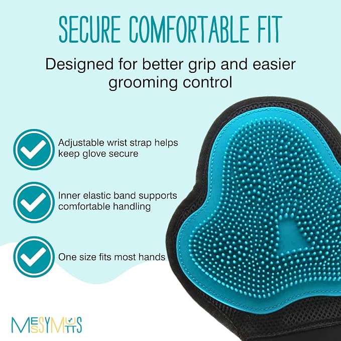 Messy Mutts Reversible Silicone Pet Grooming Glove | Gentle Massage, Brush, Bath and Dog Hair Removal Mitt | One Size Fits All | Blue