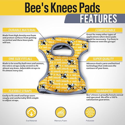 Bee's Knees Cleaning Knee Pads! Great Gift with Soft Foam and NEW LONGER Adjustable Straps, Durable and Soft Knee Protection. Water-Resistant Cleaning Floors, Working in Garden, Yoga, Gardening
