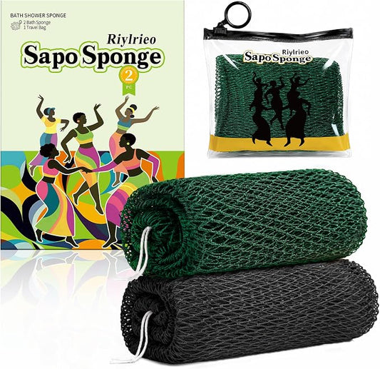 African Net Sponge for Shower, 2PCS Exfoliating Shower Sponge with Waterproof Travel Bag, Quick-Drying African Wash Cloth for Deep Cleansing & Smooth Skin (Forest Green & Black)