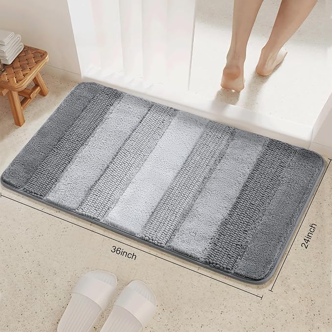 Kmson Ombre Chenille Bathroom Rugs, 24"x36" Non-Slip Bath Mat for Shower Floor & Bathtub, Ultra Soft Washable Shaggy, Fluffy Thick Water Absorbent Microfiber Grey