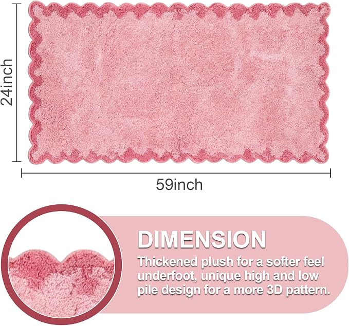 ORTIGIA Long Cute Scalloped Bathroom Rugs Runner, Fun CandyPink Plush Microfiber Scallop Bath Mats Non Slip Washable Quick Dry Absorbent, Rug Carpet for Bathtub Sink Laundry Room Bedroom, 24x59