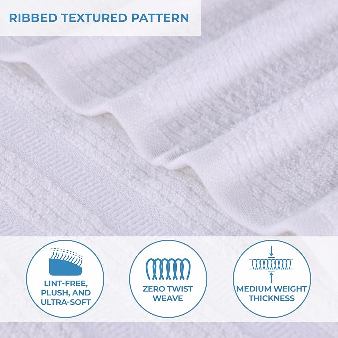 Superior Cotton Bath Towel Set, Zero Twist, Ribbed Geometric, Large Plush Absorbent Body Towels, Luxury Soft Quick Drying, Shower, Spa, Hotel, Pool, Guest Bathroom, Home Essentials, Set of 3, White