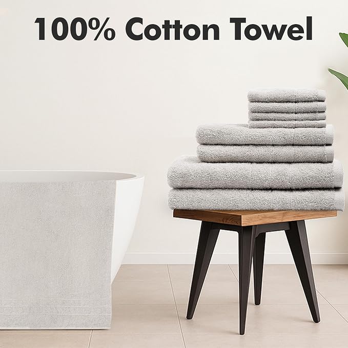 Bath Towels Set of 8 – 100% Cotton (Light Grey) Bathroom Towel Set Bale Includes 2 Bath, 2 Hand, 4 Face Towels – Soft, Absorbent & Quick Dry Towel for Bathroom, Spa, Kitchen, Hotel Use