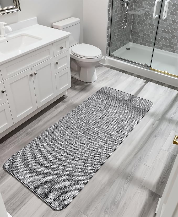 Bosap Bath Mat,Ultra Thin Bathroom Runner Rugs,Large Bath Mats for Bathroom,Quick Dry,Non-Slip,Machine Washable,Low Pile,Bath Rug,Shower Outside,Sink,Home Decor Accessories.Grey,1'9"x3'11"（21x47inch）