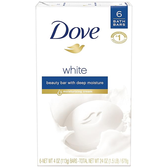 Dove Beauty Bar, White 4 oz, 6 Bar, Blue, Unscented, 24 Oz