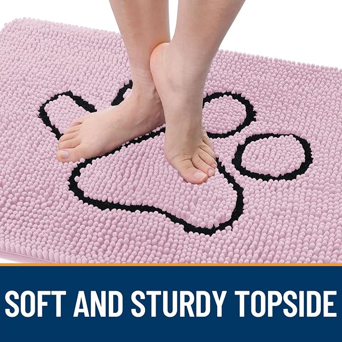 OLANLY Dog Door Mat for Muddy Paws 30x20, Paw Print Design, Absorbs Moisture and Dirt, Non-Slip Washable Doormat, Quick Dry Chenille Mud Mat for Dogs, Entry Indoor Entryway Carpet, Dusty Rose