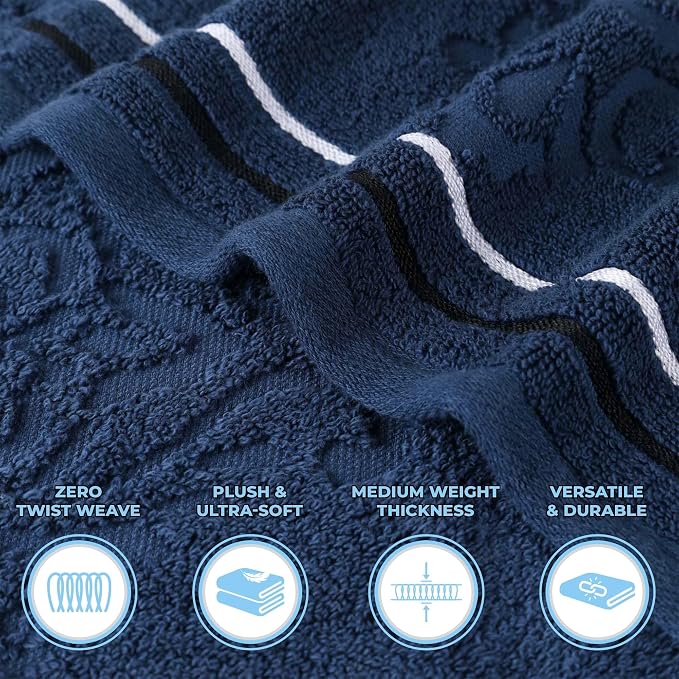 Superior Cotton 6 Piece Towel Set, 2 Bath, 2 Hand, 2 Washcloth/Face Towels, Quick Dry, Home Essentials, Shower, Spa, Luxury Plush Soft Absorbent Towels, Zero-Twist, Jacquard Floral, Navy Blue