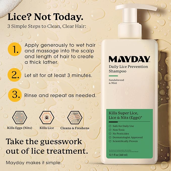 MAYDAY Lice Prevention Shampoo - Sandalwood & Mint - 12oz, Non-Toxic, Pesticide-Free, Scientifically Proven Defense Against Lice & Nits, Shampoo for Adults & Kids, Safe for All Hair Types