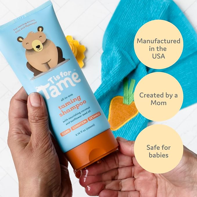 T is for Tame - 3-in-1 Baby Shampoo, Conditioner & Detangler for Kids – Tear-Free, Hypoallergenic, Cleanses, Conditions, Detangles with Plant-Based Ingredients - 6.76 fl oz - Made in the USA