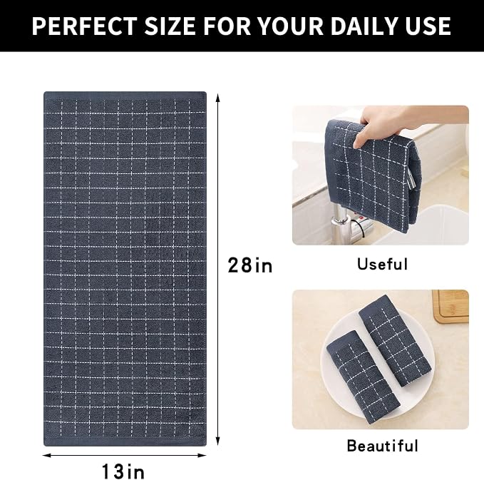 Homaxy 100% Cotton Terry Kitchen Towels(Dark Grey, 20 x 28 inches), Checkered Designed, Soft and Super Absorbent Dish Towels, Large 8 Pack