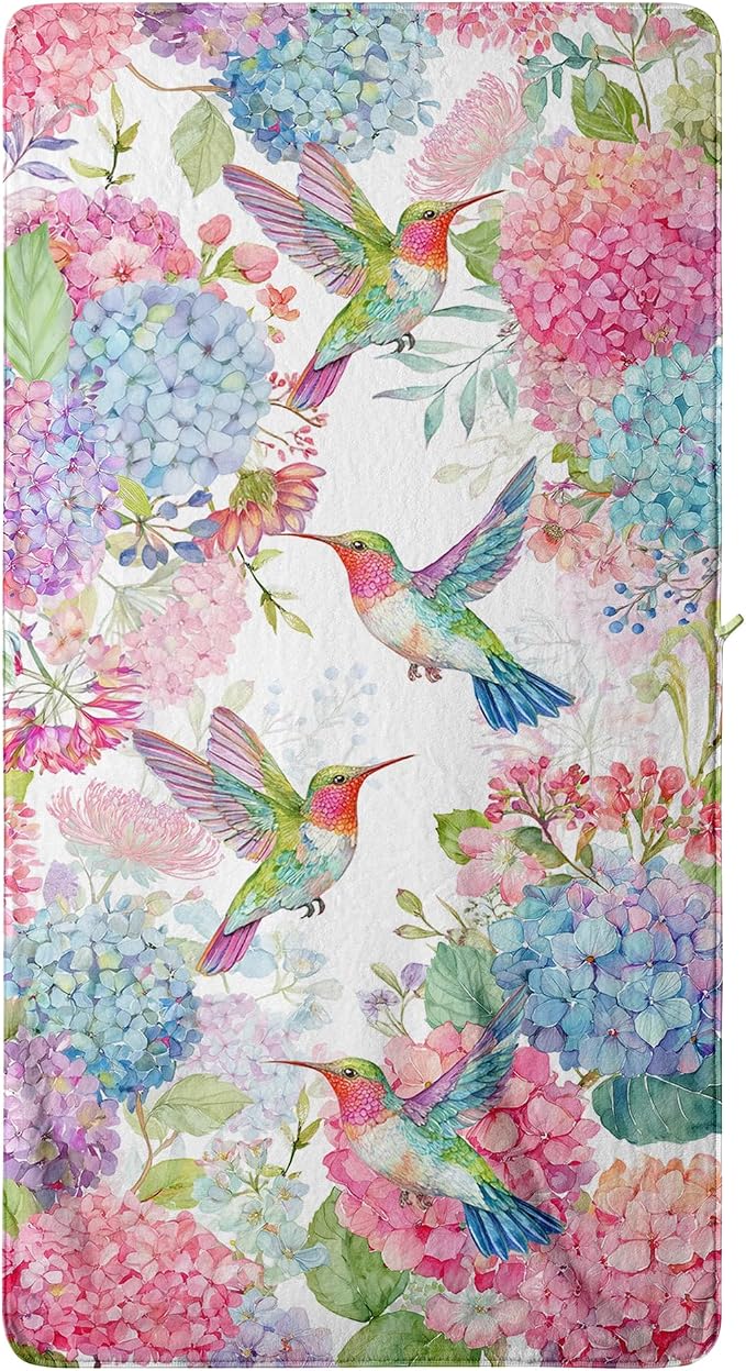 Microfiber Coral Fleece Bath Towel Hummingbird Hydrangea Floral Towels for Bathroom Shower