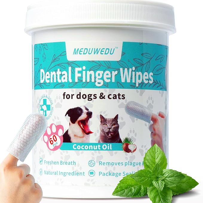 MEDUWEDU Dental Care Finger Wipes 60 Counts,Teeth Cleaning Finger Wipes for Dogs & Cats,Reduces Plaque & Freshens Breath, Mint Scent