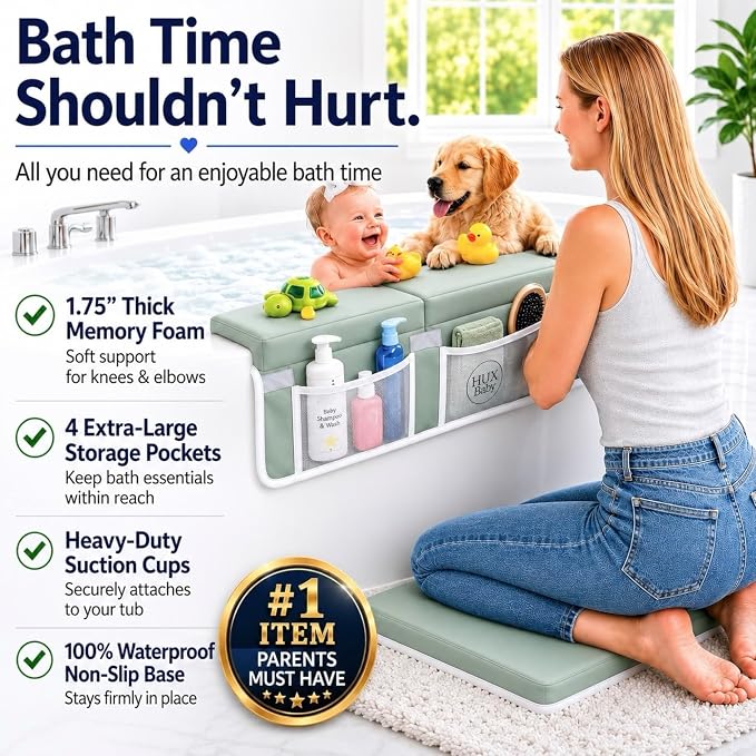 Comfortable Baby Bath Kneeler and Elbow Rest Pad Set, Non-Slip Bathtub Kneeling Pad for Bathing Baby, Bath Tub Cushion Mat, Elbow Pads, Toy Organizer Storage Pockets, Strong Suction Cups (Green Gray)