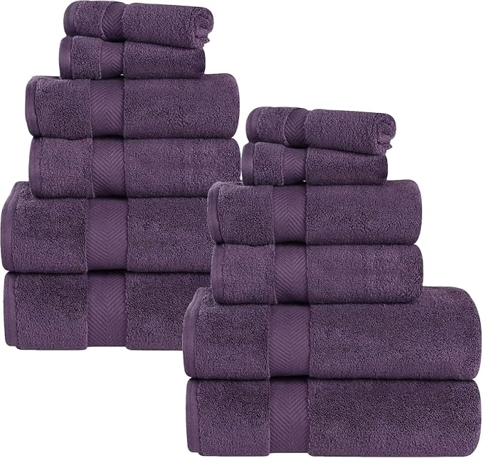 Superior Zero Twist Cotton 12 Piece Assorted Towel Set, Includes 4 Bath, 4 Hand, 4 Washcloth/Face Towels, Quick Dry, Home Essentials, Shower, Spa, Luxury Plush Soft Absorbent Towels, Grape Seed