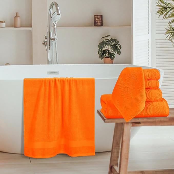 Belizzi Home 8 Piece Towel Set 100% Ring Spun Cotton, 2 Bath Towels 27x54, 2 Hand Towels 16x28 and 4 Washcloths 13x13 - Ultra Soft Highly Absorbent Machine Washable Hotel Spa Quality - Orange