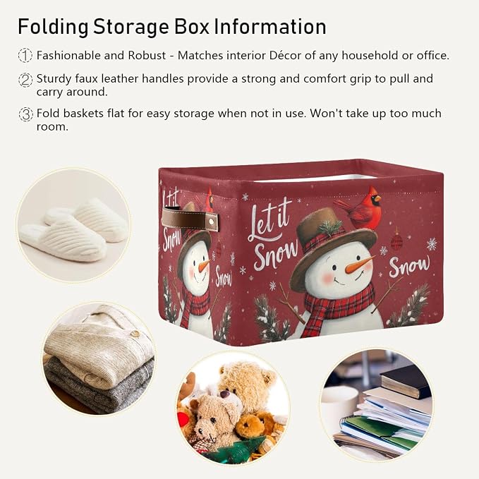 Winter Snowman Cardinal Birds Storage Basket with Waterproof Liner and PU Handles Let It Snow Christmas Red Storage Bins Boxes 14.2" Collapsible Decorative Baskets for Bedroom Closet Office 1 Pack