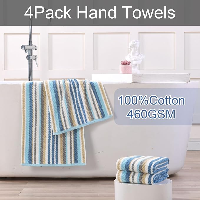 Blue Striped Hand Towels Set (4PC, 16"x27") - 100% Cotton | Quick Dry | Soft | Absorbent, Light Weight Hand Towels for Showering & Bathroom, Luxury Towel Set for Guest, Blue + Gray + Beige