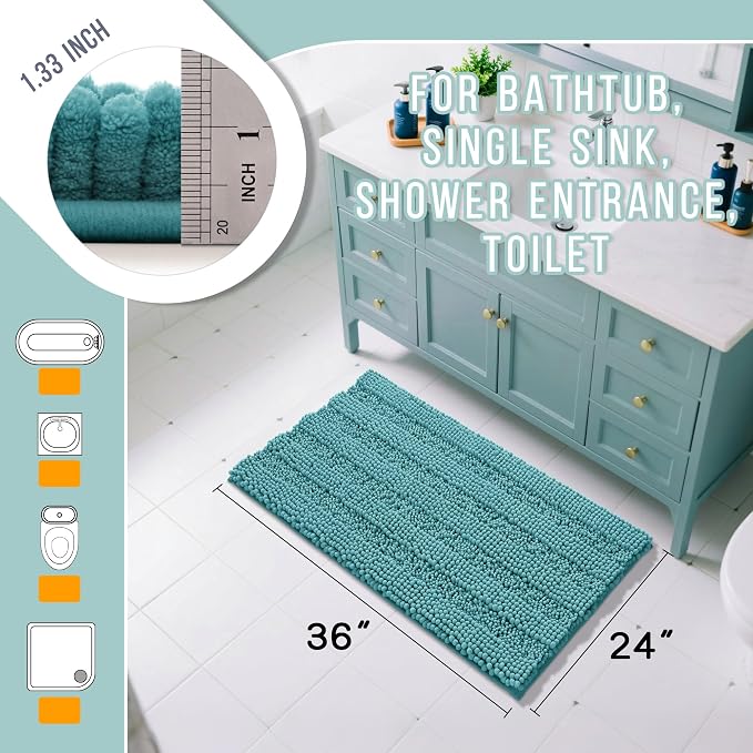 Yimobra Bathroom Rug Mat 36 x 24, Non Slip and Super Absorbent Bath Mat,Machine Washable Quick Dry,Ultra Plush Chenille Shower Rugs for Bathroom Floor Sink Tub and Shower Outside,Teal Blue