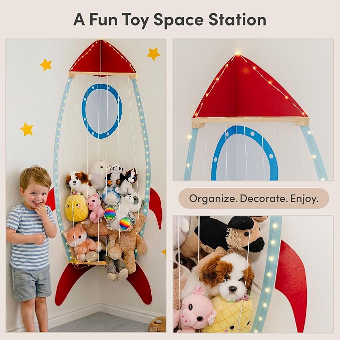 PUTSKA Nursery Furniture Hanging Organizer – Wall Mounted Stuffed Animal Storage for Baby Room, Corner Plush Collection Display & Nursery Organization System, Space-Saving Vertical Storage - Spaceship