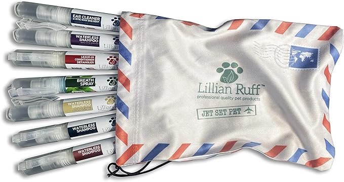 Lillian Ruff Travel Kit for Dogs | Dog Grooming Spray for Airline Travel, Camping, Beach | Deodorizing Waterless Dog Shampoo x4, Breath Freshener, Detangler Spray, Ear Cleaner